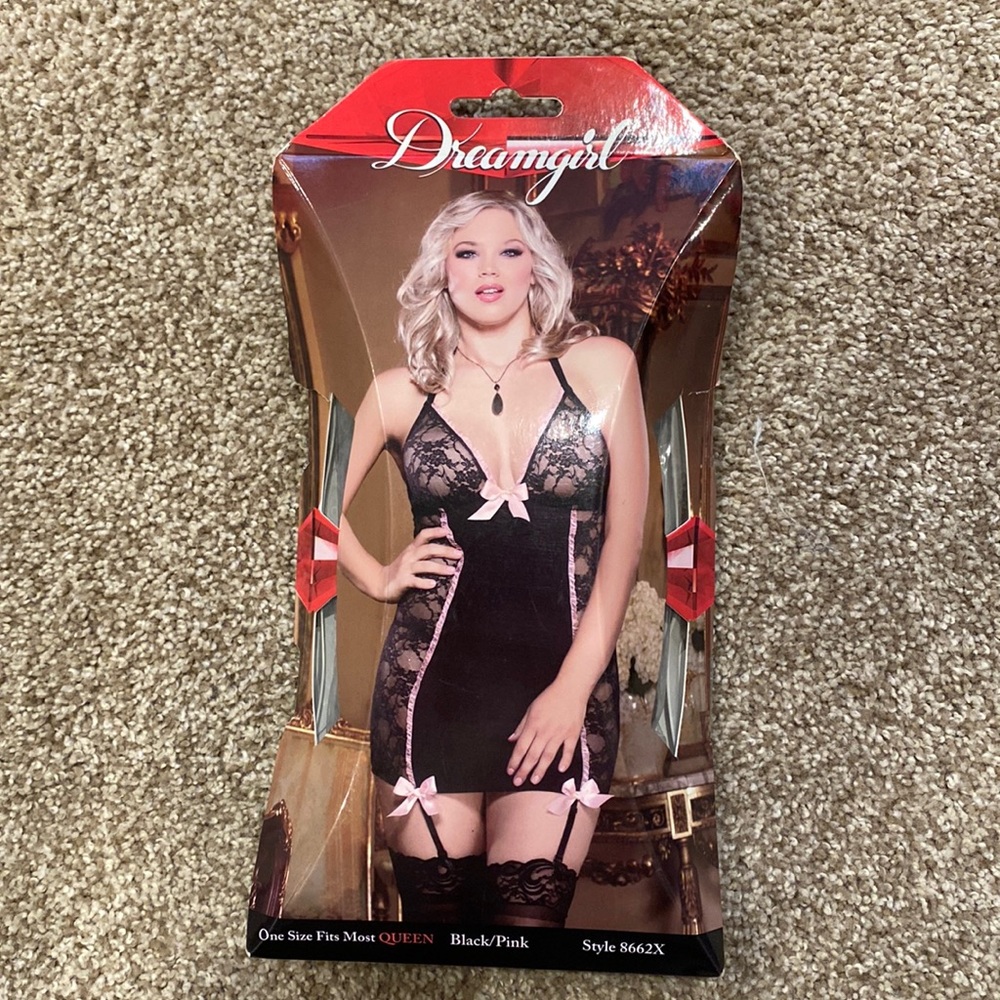 Microfiber and stretch lace halter garter slip with ruffle trim, satin bows